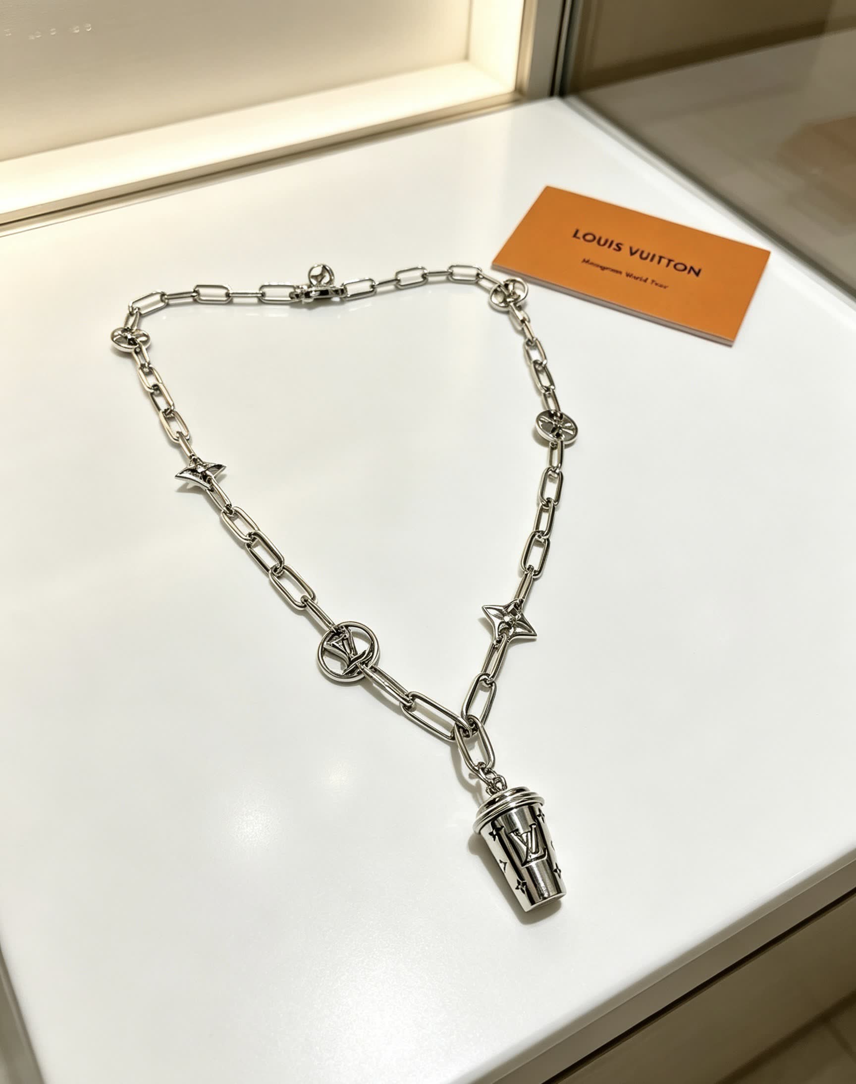 Louis Vuitton Silver Chain Necklace with Logo Charms